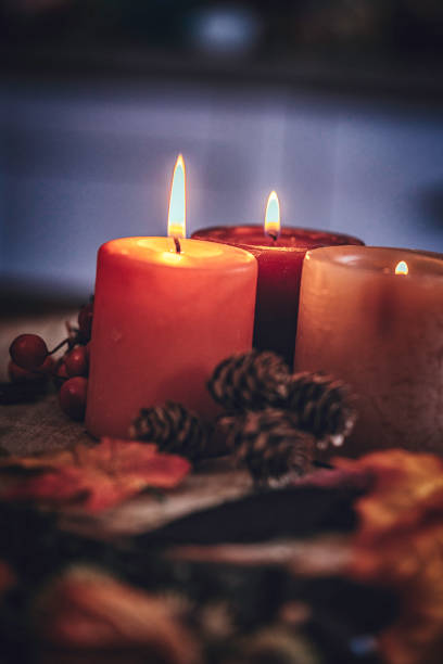 istock Autumn Decoration Background with Candles, Pumpkins, Leafs and Nuts 854938306