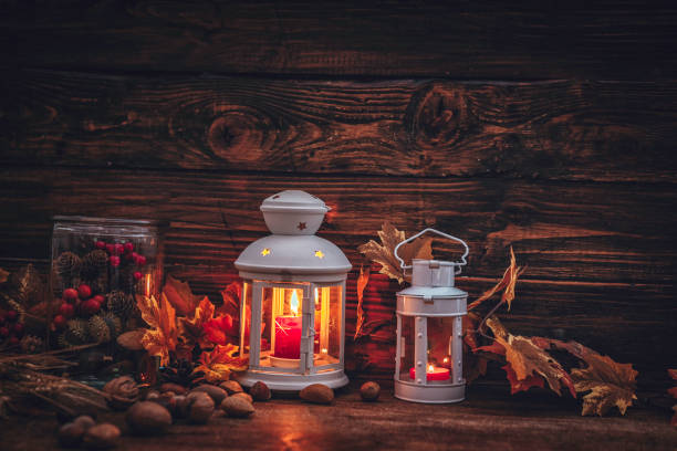 istock Autumn Decoration Background with Candles, Pumpkins, Leafs and Nuts 854938324