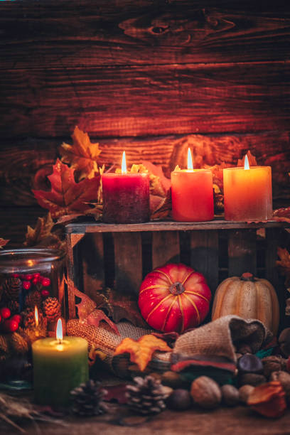 istock Autumn Decoration Background with Candles, Pumpkins, Leafs and Nuts 854938332