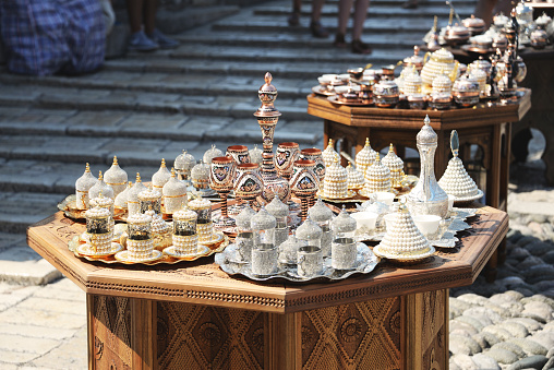 Arabic style tea sets in a market in Mostar, Bosnia and Herzegovina.