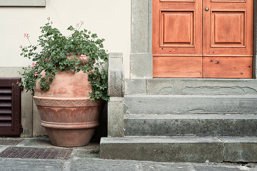 Large terracotta vase decorate the entry to this house near the doorsteps