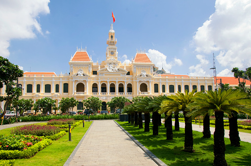 Ho Chi Minh City Hall or Saigon City Hall or Hôtel de Ville de Saïgon was built in 1902-1908 in a French colonial style for the then city of Saigon. It was renamed after 1975 as Ho Chi Minh City People's Committee.