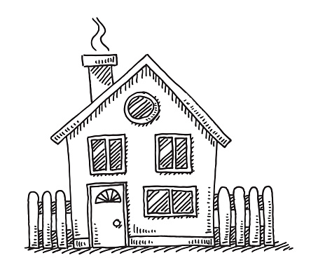 Hand-drawn vector drawing of a Small Detached House. Black-and-White sketch on a transparent background (.eps-file). Included files are EPS (v10) and Hi-Res JPG.