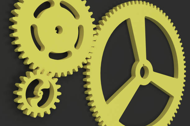 istock Set of yellow gears and cogs on black background 854965026