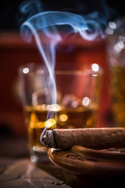 cuban cigar smoke and luxurious cognac in carafe - cigar whisky bar cognac imagens e fotografias de stock