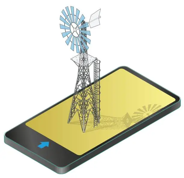 Vector illustration of Outlined wind pump for pumping of water on farm in mobile phone.