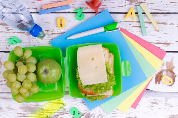 istock Back to school. Set of school objects and breakfast 854975298