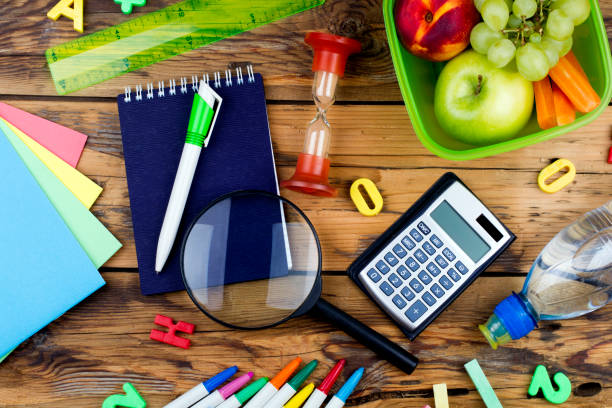 Back to school. Set of school objects and breakfast