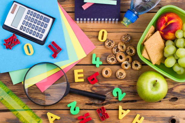 istock Back to school. Set of school objects and breakfast 854980544