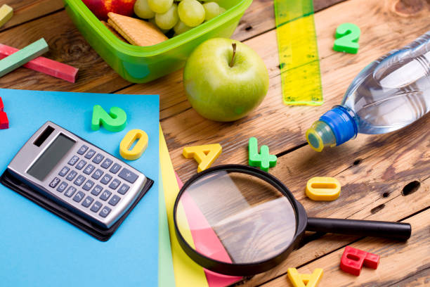 istock Back to school. Set of school objects and breakfast 854980744