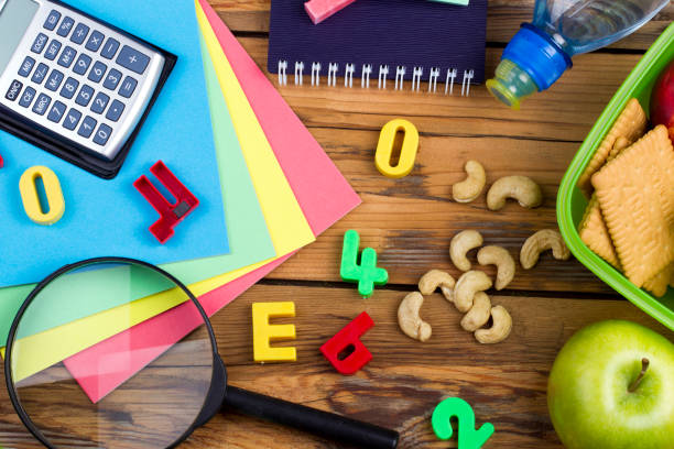 istock Back to school. Set of school objects and breakfast 854984718