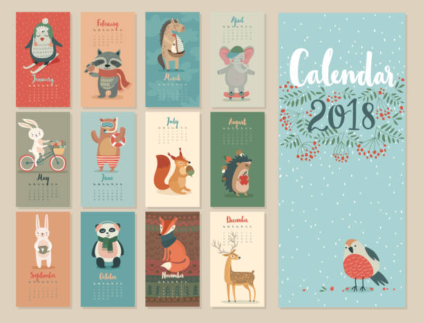 Calendar 2018. Calendar 2018. Cute monthly calendar with forest animals. elephant drawings stock illustrations