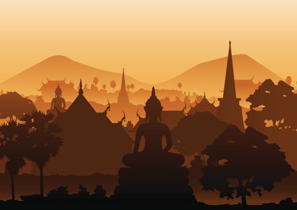 baumbild tempel buddha skulptur pagode meer, myanmar, thailand - art thailand thai culture temple stock-grafiken, -clipart, -cartoons und -symbole