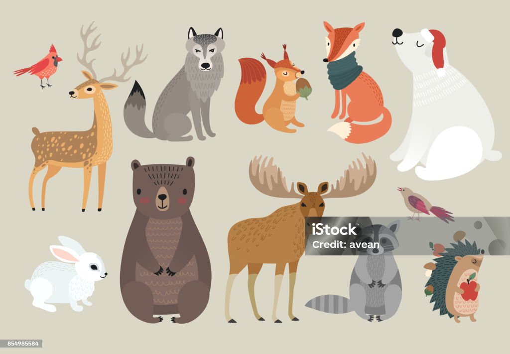Weihnachten, handgezeichneten Stil festlegen - Tiere des Waldes. \ - Lizenzfrei Winter Vektorgrafik
