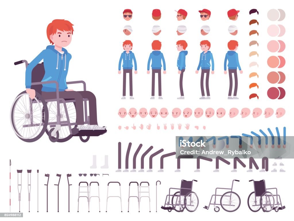 Silla de ruedas masculino joven usuario creación conjunto - arte vectorial de Silla de ruedas libre de derechos