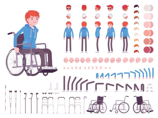 Male young wheelchair user character creation set Male young wheelchair user character creation set. Full length, different views, emotions and gestures. Build your own design. Cartoon flat-style infographic illustration. Society and disabled people disability illustrations stock illustrations