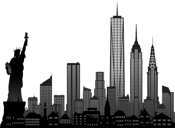 illustrazioni stock, clip art, cartoni animati e icone di tendenza di new york (tutti gli edifici sono completi, dettagliati e spostabili) - new york city panoramic statue of liberty skyline