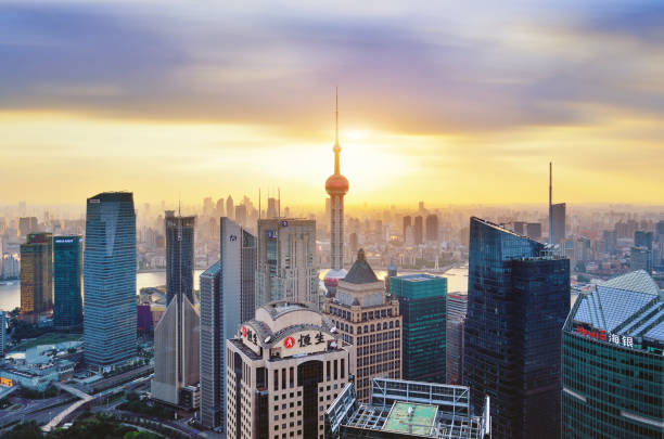 Shanghai city skyline and skyscraper at sunset, China.
