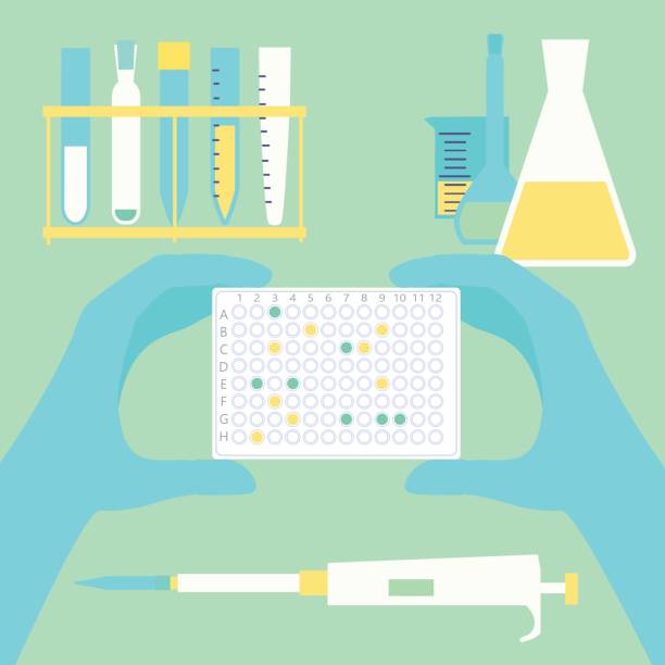 polymerase, technitian, nanotech, biotechhand holding pcr plate Hands holding pcr plate in scientific lab with usual microbiological equipment. Stock vector illustration for research, diagnostics, medicine. laboratory technician icon stock illustrations