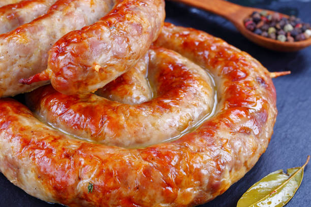 istock round fried spiral sausages on slate 854995896