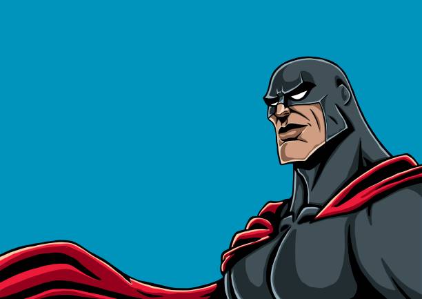 Superhero Portrait Black Portrait of superhero in black costume and red cape. red superhero cape clip art stock illustrations