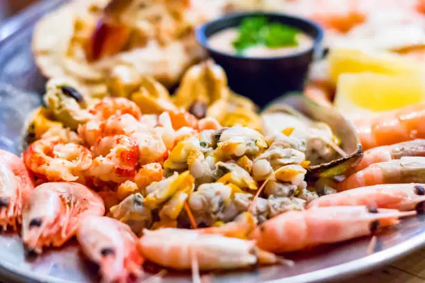 Selective focus, seafood plater from a local restaurant in Southwold, a popular seaside town of the UK