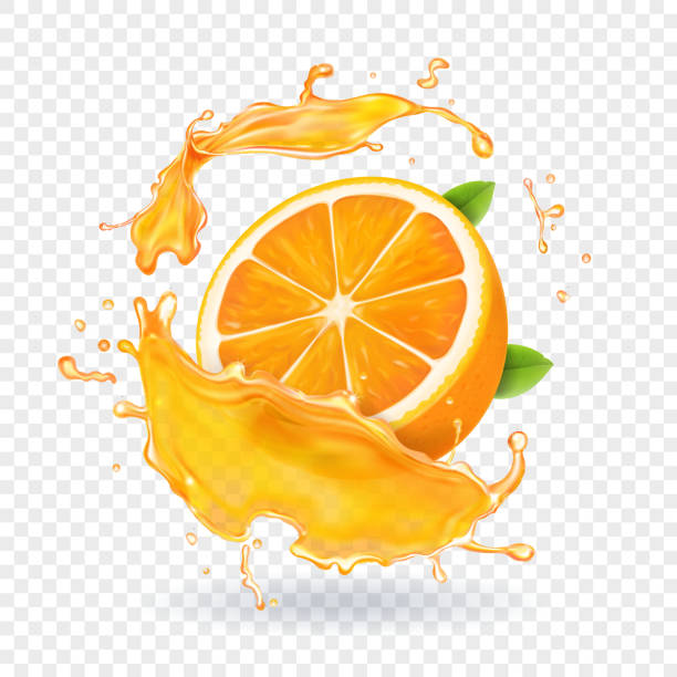 ilustrações, clipart, desenhos animados e ícones de respingo de suco de laranja. frutas 3d realistas - orange portion fruit drink