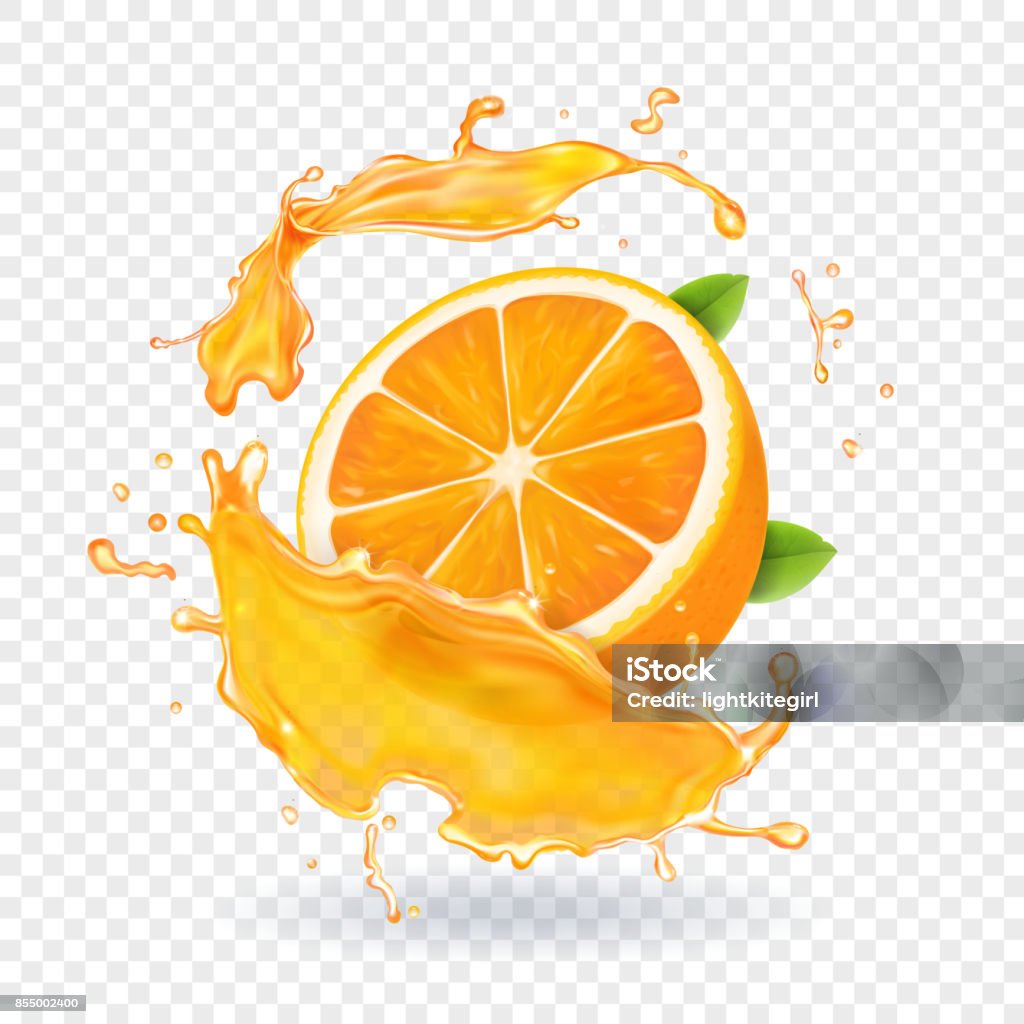 Orange juice splash. Realistic 3d fruit Orange juice in splash. Realistic 3d fruit vector. Orange - Fruit stock vector
