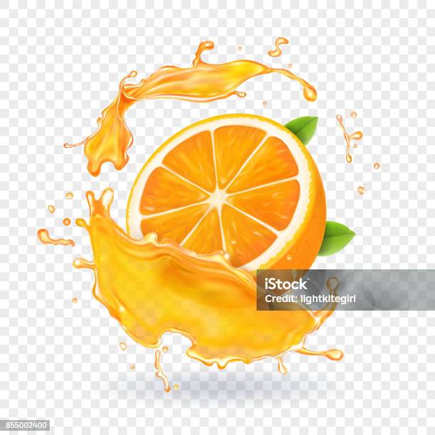 Orange Juice Splash Realistic 3d Fruit Stock Illustration - Download Image Now - Orange - Fruit, Orange Color, Splashing