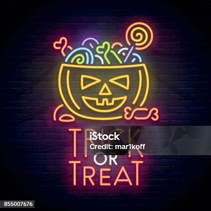 istock Pumpkin and candy neon sign. Happy Halloween. Neon sign, bright signboard, light banner. 855007676