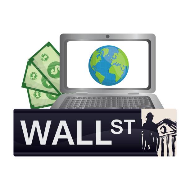 wall street laptop online-welt geld - currency exchange currency stock exchange trading stock-grafiken, -clipart, -cartoons und -symbole