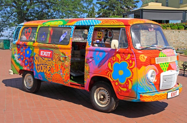 hippie van is symbol of music festival Exit held in Novi Sad Novi Sad: hippie van is symbol of music festival Exit held in Novi Sad, Serbia exit festival stock pictures, royalty-free photos & images