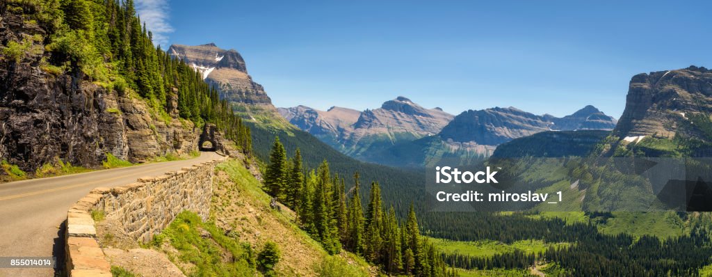 Going to the Sun Road with panoramic view of Glacier National Park, Montana Going to the Sun Road with beautiful panoramic view of Logan Pass in Glacier National Park, Montana Going-to-the-Sun Road Stock Photo