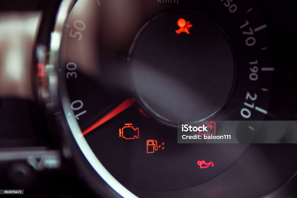 Many different car dashboard lights in closeup Engine Stock Photo