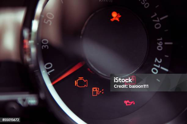 Many Different Car Dashboard Lights In Closeup Stock Photo - Download Image Now - Engine, Examining, Car