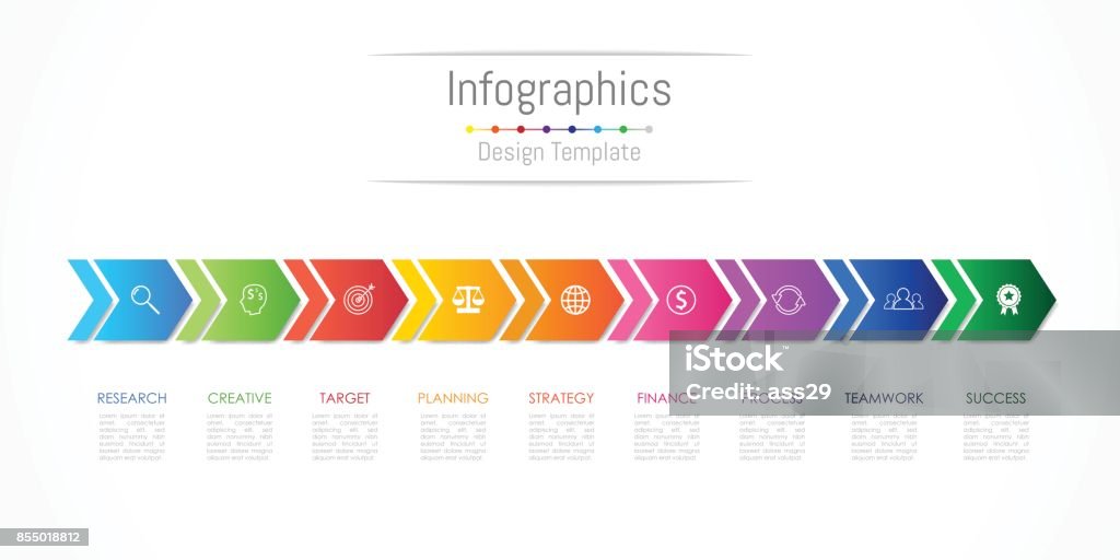 Infographic design elements for your business data with 9 options, parts, steps, timelines or processes, Arrow connect concept. Vector Illustration 8-9 Years stock vector