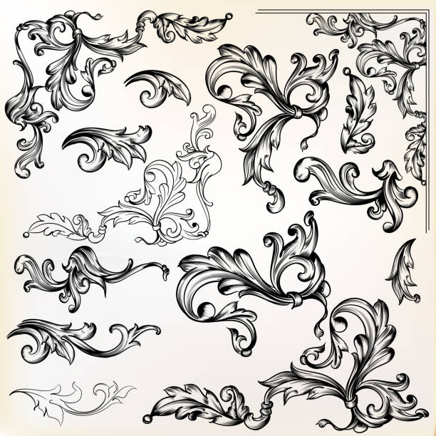 illustrazioni stock, clip art, cartoni animati e icone di tendenza di elementi e vortici di design vintage vettoriali calligrafici - baroque style