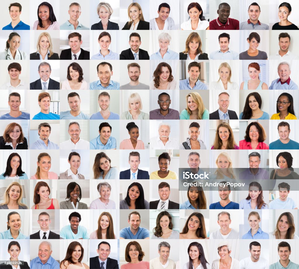 Collage Of A Smiling People Collage Of Diverse Multi-ethnic And Mixed Age Smiling Casual People Group Human Face Stock Photo