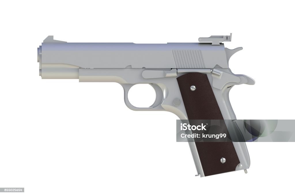 Beside view of coat zinc M1911 semi-automatic .45 caliber pistol isolated on white background, 3D rendering Foal - Young Animal Stock Photo