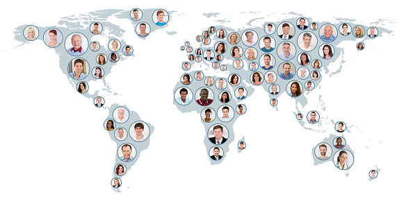 Collage Of Multiethnic People On World Map At White Background. Global Business Concept