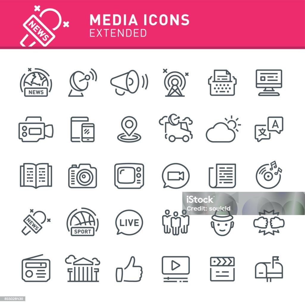 Media Icons Media, news, icon, icon set, television, radio, journalism, social media Icon Symbol stock vector