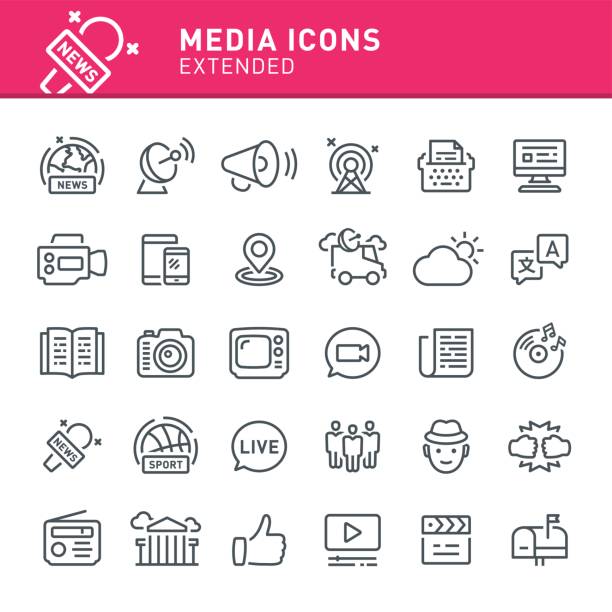 Media Icons Media, news, icon, icon set, television, radio, journalism, social media newspapers vector stock illustrations
