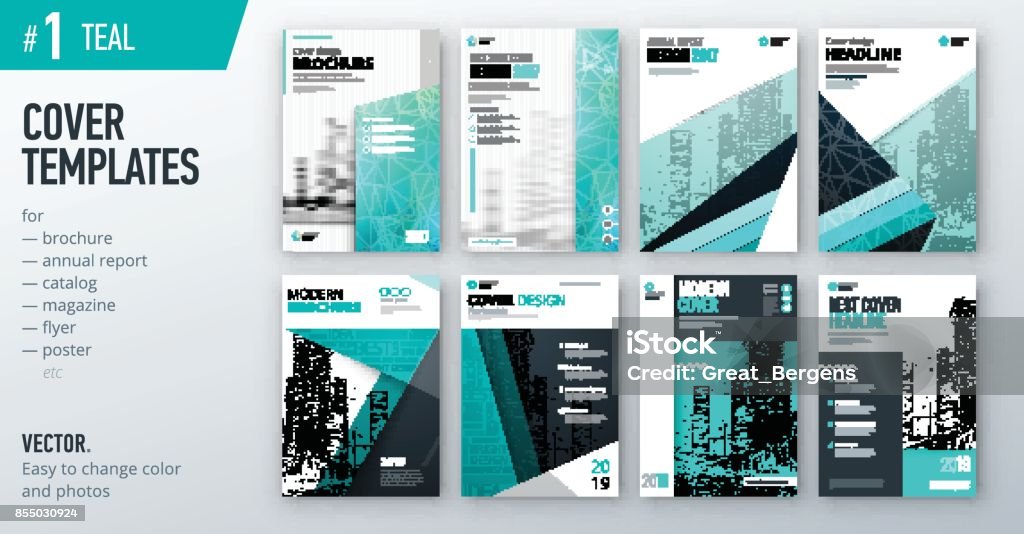 Set of business cover design template in teal color for brochure, report, catalog, magazine or booklet. Creative vector background concept Poster stock vector