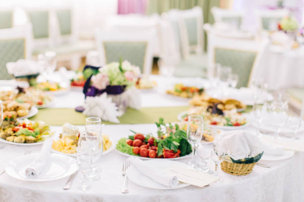 Beautifully decorated catering banquet table on corporate christmas birthday party event or wedding celebration