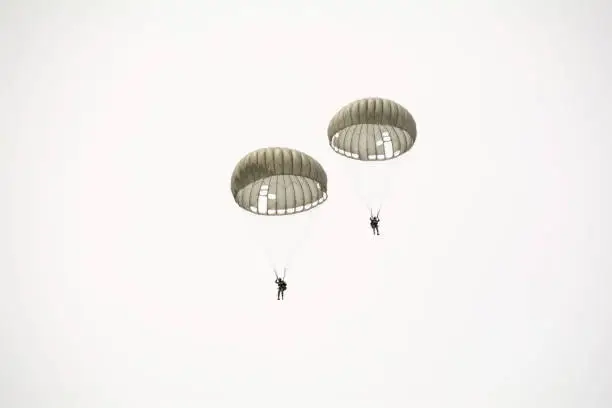 Photo of Parachute soldiers in the sky.