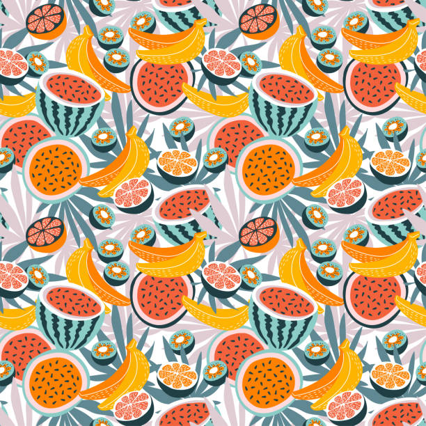 ilustrações de stock, clip art, desenhos animados e ícones de bright vector design with tropical fruits and palm leaves. summer seamless pattern. - 2843
