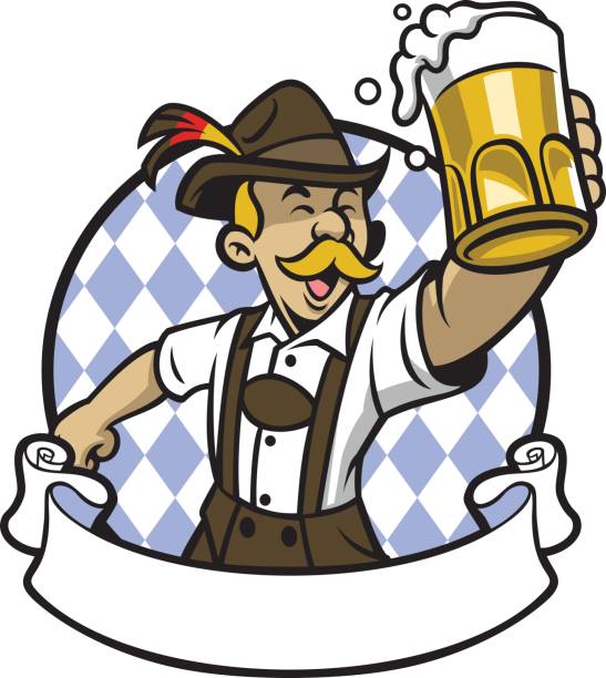 баварский человек празднует октоберфест с большим бокалом пива - oktoberfest stock illustrations