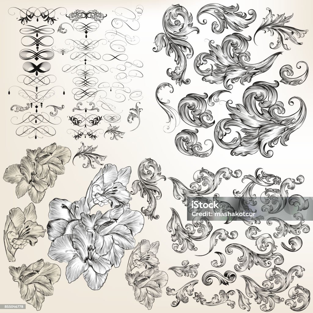 Huge set of vector flourishes, swirls and hand drawn flowers Ornate stock vector