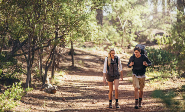 istock Hiking couple walking in forest wearing backpacks 855053220