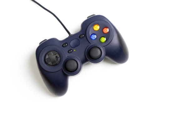 Blue wired Computer game pad isolated on white stock photo